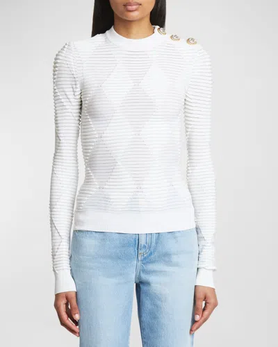 Balmain Long-sleeve Three-button Diamond Textured Knit Top In White