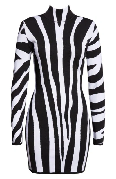 Balmain Long Sleeve Zebra Intarsia Mini Sweater Dress In Black