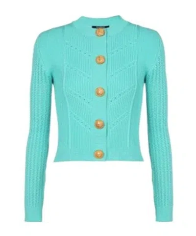 Balmain Buttoned Pointelle Rib Knit Short Cardigan In Blue