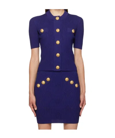 Balmain Women's Buttoned 2 Pockets Vichy Knit Cardigan In Blue