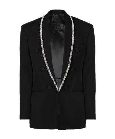 Balmain Grain De Poudre Jacket With Embroidered Collar In Black