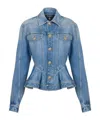 Balmain Peplum Denim Jacket In Blue