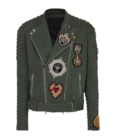 Balmain Denim Biker Jacket With Embroidered Patches In Brown