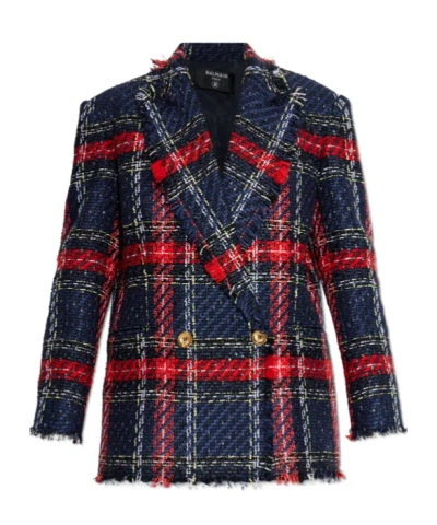 Balmain Fringed Checked Tweed Jacket In Multi