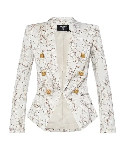 BALMAIN 6-BUTTON SATIN JACKET WITH REDCURRANT PRINT