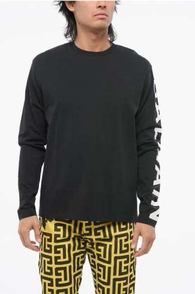 Balmain Long Sleeved Crew-neck T-shirt With Printed Logo In Black