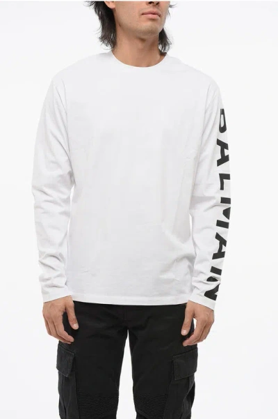 Balmain Long Sleeved Crew-neck T-shirt With Printed Logo In White