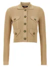 Balmain Cropped Ribbed Knit Cardigan With Openwork Details In Beige