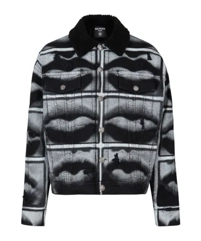 Balmain Long-sleeved Denim Coat In Eab Noir/blanc