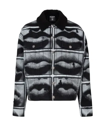 Balmain Denim Jacket With Lips Print In Black