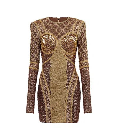 Balmain Long-sleeved Dress In Brown