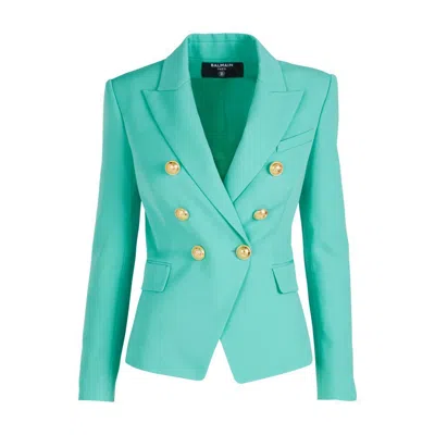 Balmain Double-breasted Grain De Poudre Wool Blazer In Aqua Green