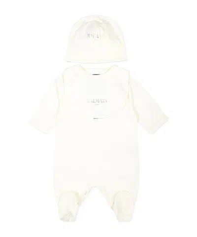 Balmain Long-sleeved Jumpsuit Hat Bib Set In White