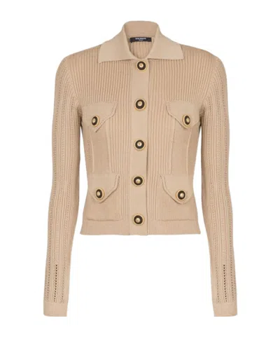 Balmain Women's 4 Pockets Buttoned Ribbed Knit Cardigan In Nude Rose
