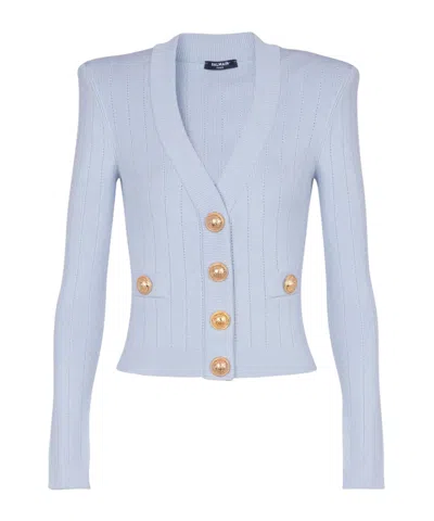 Balmain Long-sleeved Knitted Cardigan In Pale Blue