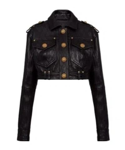 Balmain Black Quilted Leather Cropped Jacket