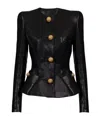 Balmain Paneled Embellished Leather Peplum Jacket In Black