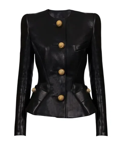 Balmain Paneled Embellished Leather Peplum Jacket In Black