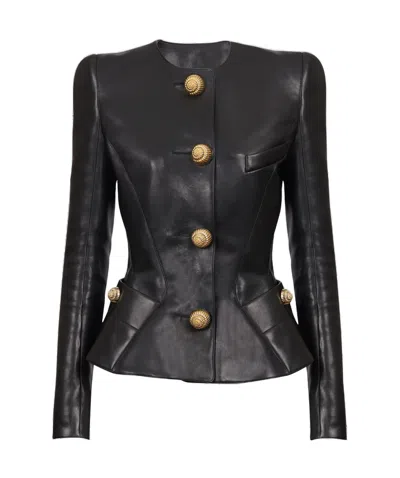 Balmain Paneled Embellished Leather Peplum Jacket In Black