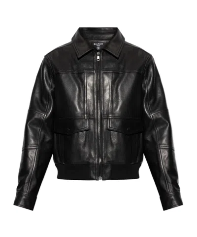 Balmain Long-sleeved Leather Jacket In Black