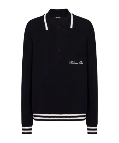 Balmain Logo-embroidered Long-sleeved Polo Shirt In Black