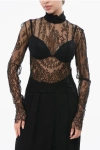 Balmain Long Sleeved See-through Lace Top In Black