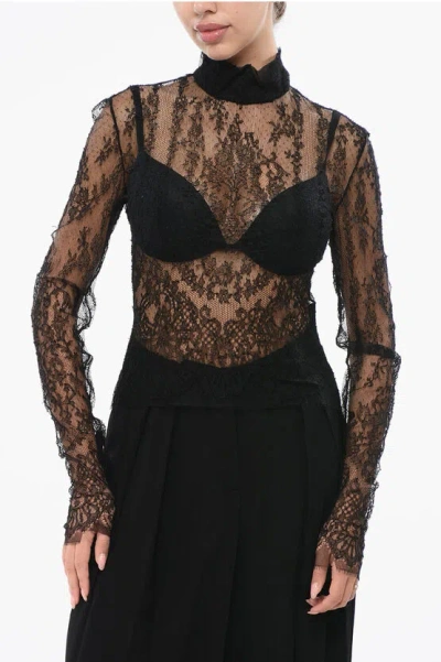 Balmain Long Sleeved See-through Lace Top In Black