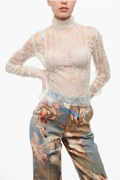 Balmain Long Sleeved See-through Lace Top With Zip Closure In Gray