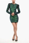 Balmain Long Sleeved Sequined Mini Dress In Green