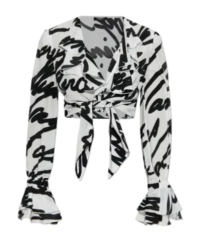 Balmain Love Letter Print Silk Cropped Top In Black