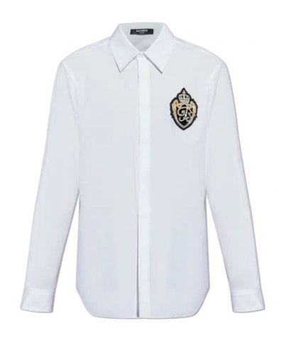 Balmain Logo-patch Long-sleeved Shirt In White
