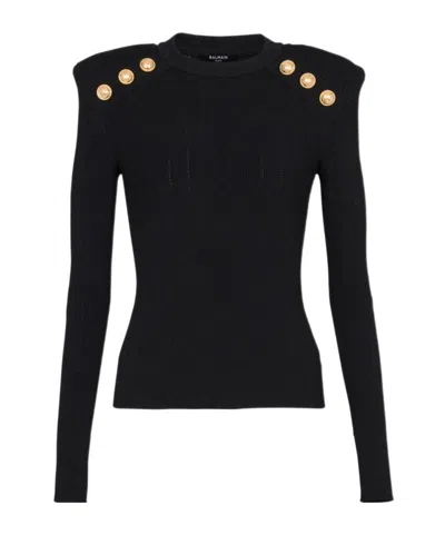 Balmain Sweater Three Buttons Crew Neck Ribbed In Black