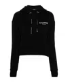 Balmain Flocked Logo Cotton Crop Hoodie In Black