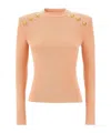 Balmain Ribbed Crew Neck Sweater With Gold Buttons In Nude