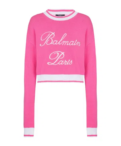 Balmain Cotton-blend Embroidered-logo Sweater In Pink