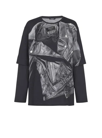 BALMAIN LONG-SLEEVED T-SHIRT WITH BIKER JACKET PRINT