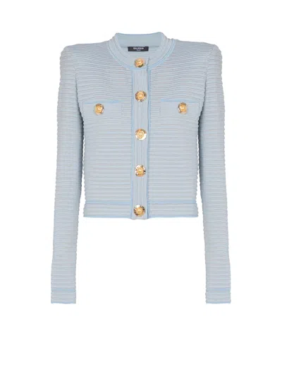 Balmain Long Sleeved Textured Knit Cardigan In Blue