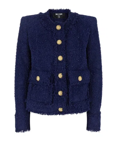 Balmain Blue Collarless Jacket With Gold Buttons In Multicolor