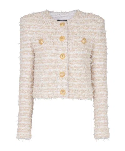 Balmain Cropped Tweed Jacket In Neutral