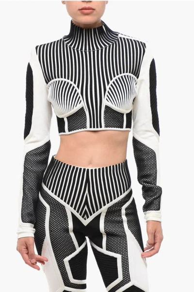 Balmain Long Sleeved Two-tone Cropped Top In Gray