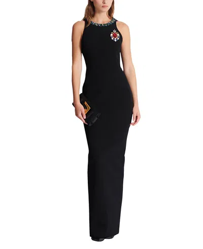 Balmain Long Sleeveless Dress In Embroidered Velvet In Black