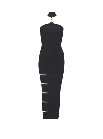 Balmain Long Sleeveless Dress With Embellished Detail In Black