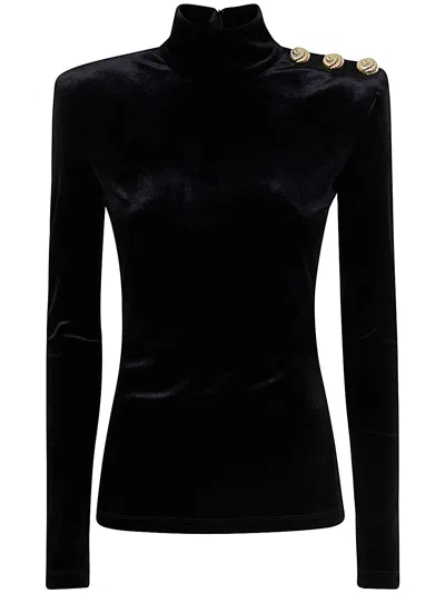 Balmain Buttoned High-neck Velvet Top In Black