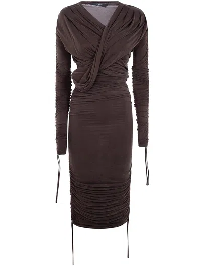 Balmain Long Sleeves Draped Jersey Cupro Mid Dress In Brown