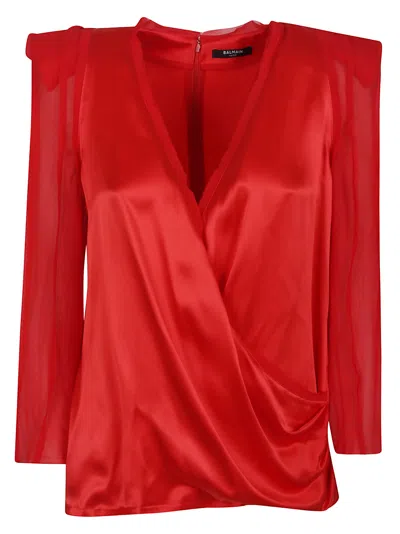 BALMAIN LONG SLEEVES SILK CREPE DRAPED TOP