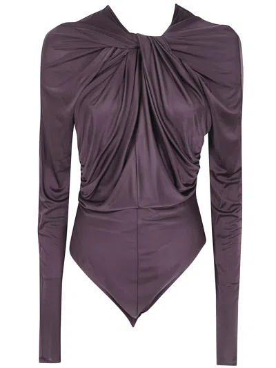 Balmain Long Sleeves Twist Detail Viscose Jersey Body In Brown