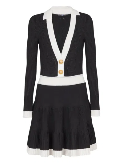 Balmain Long Sleeves V-neck Flare Knit Dress In Black