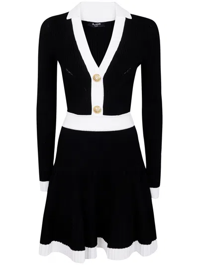 Balmain Long Sleeves V-neck Flare Knit Dress In Black