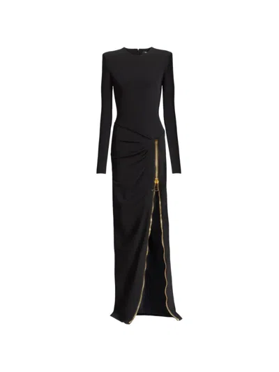 Balmain Long Sleeves Zipped Compact Jersey Long Dress In Black