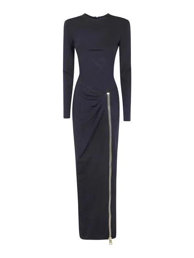 Balmain Long Sleeves Zipped Compact Jersey Long Dress In Blue